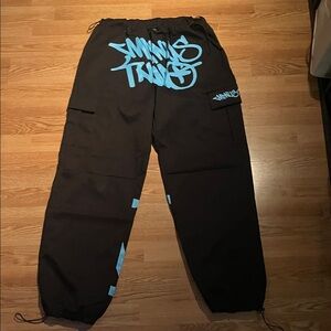 Men's Black Cargo Pants with Blue Graphic